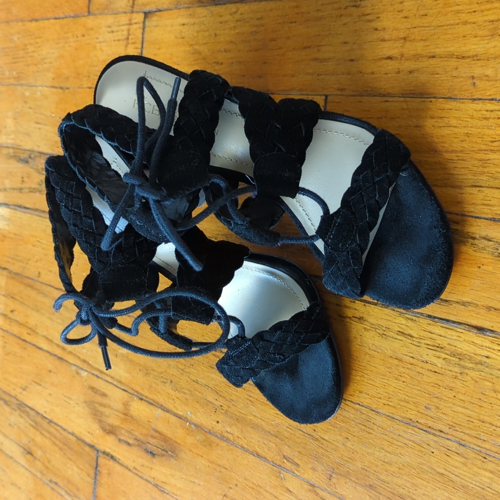 BCBG black suede sandal heels